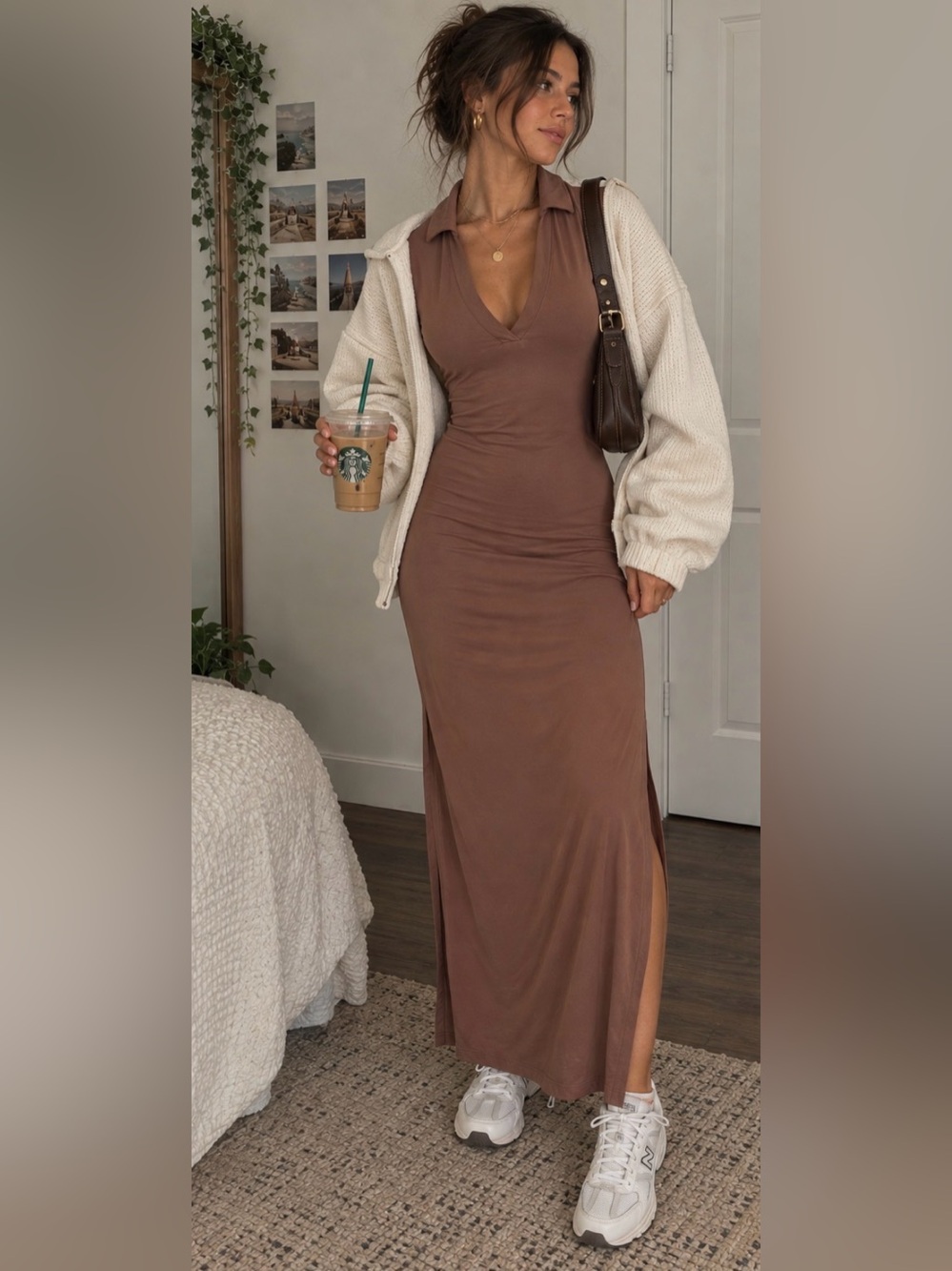 Haute Monde Chocolate Brown Polo Collar Maxi Dress
